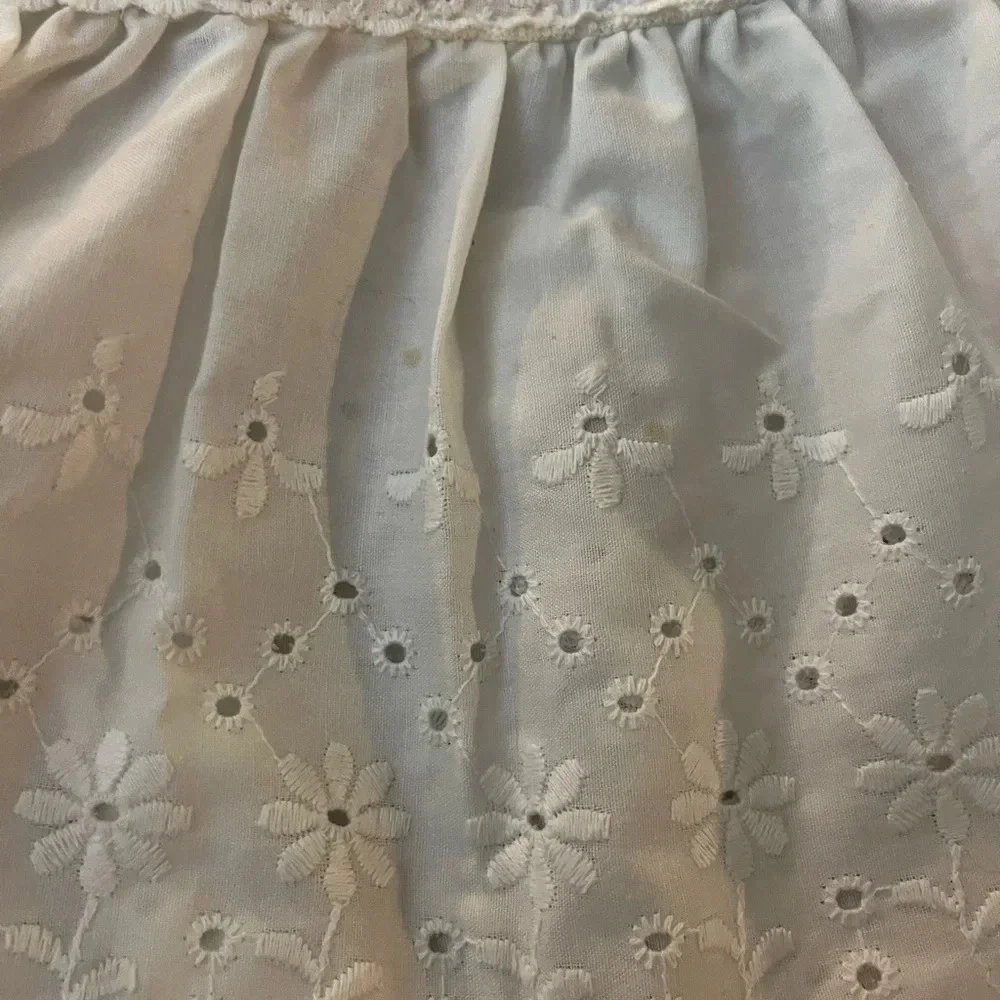 Vintage Precious Moments Handmade Cross stitched Baby Blanket w/ Eyelet Ruffle
